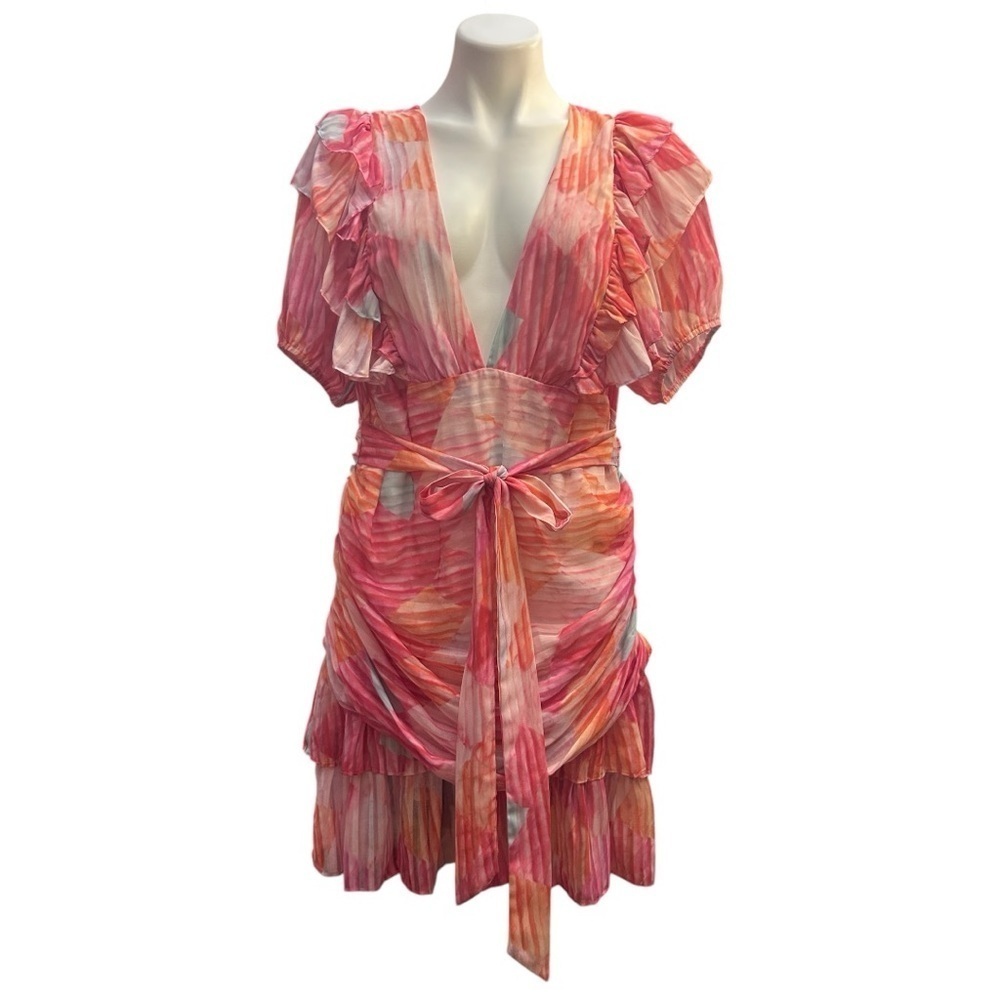 L’atiste Multicolor Ruffle Mini Dress Deep V Flutter Sleeve Ruched Colorful - Picture 5 of 15